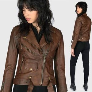 Straight to Hell- Brown Long Sleeve Commando Vegan Leather Biker Jacket Size S